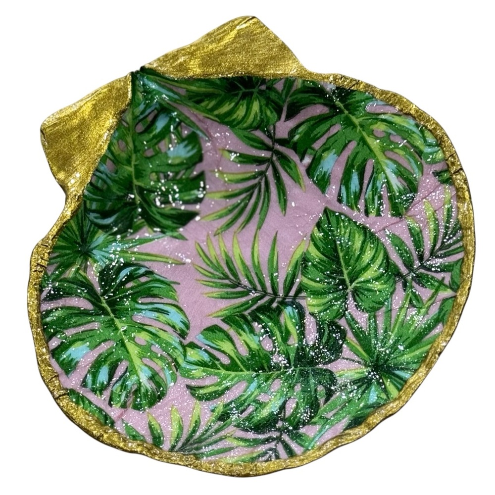 Hand Crafted Tropical Palm Leaf Print Trinket Shell Dish Green - Picture 3 of 6